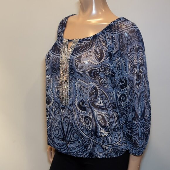 INC International Concepts Paisley Top Long Sleeve Size Medium Blue - Picture 6 of 10